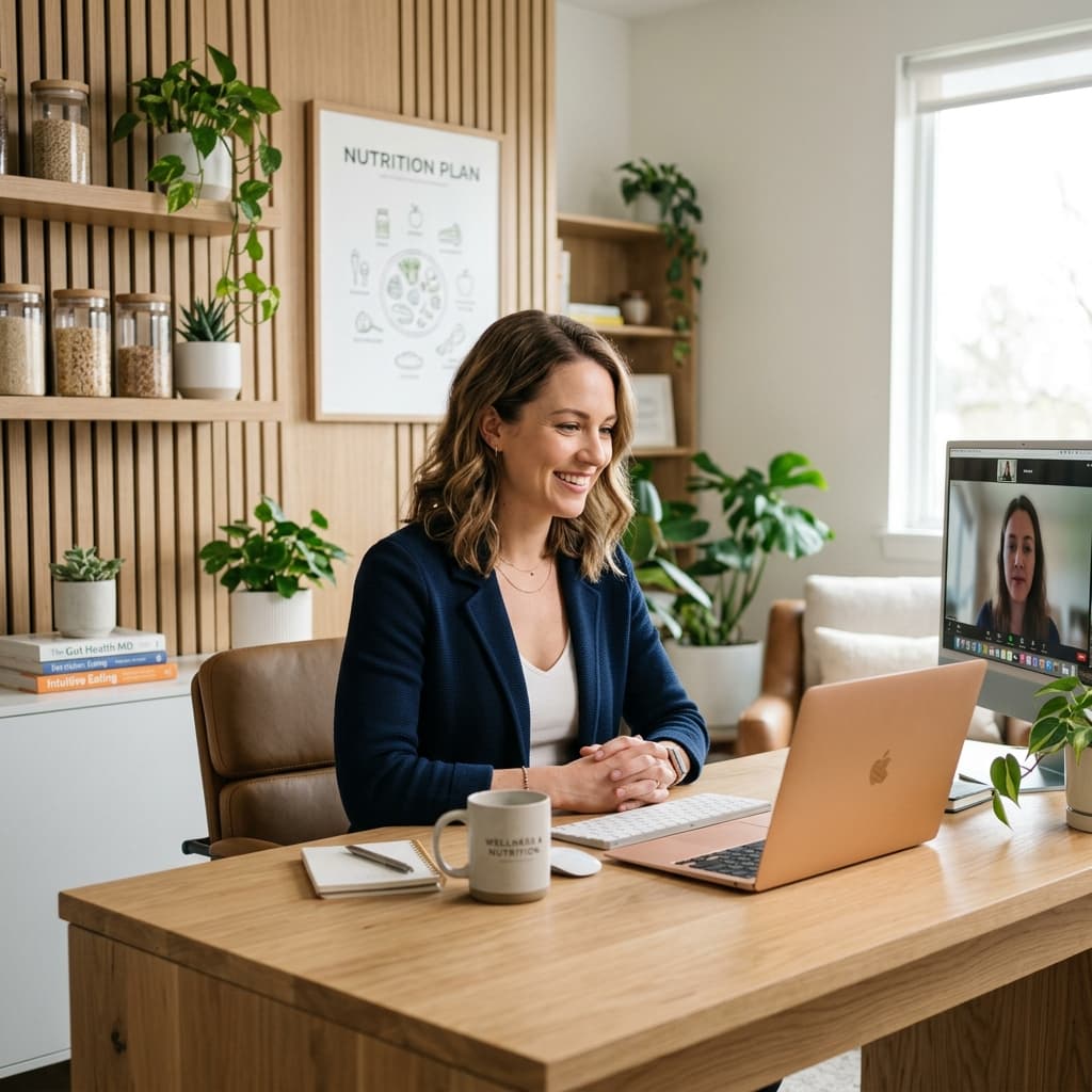 Diététicienne seule dans son bureau en consultation vidéo
